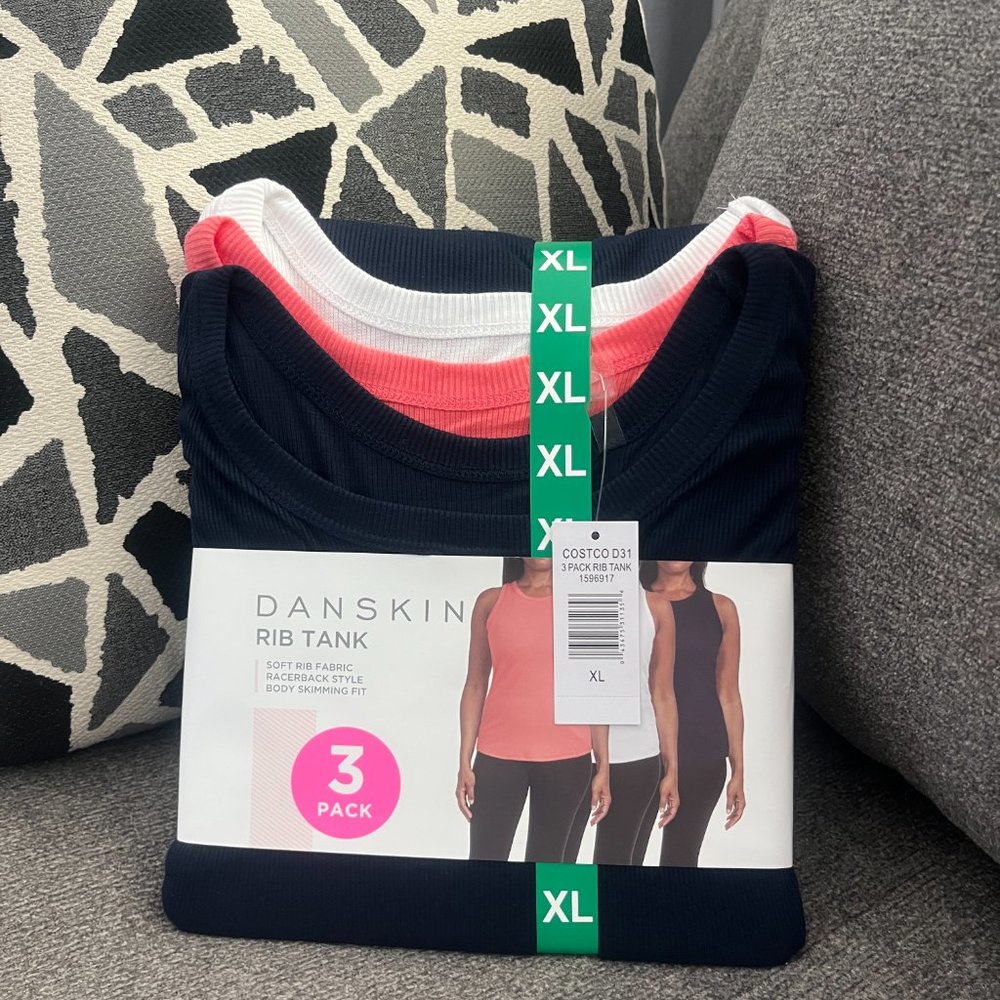 NWT Danskin Womens Ribbed Tank Top, 3-pack,Sugar Coral/Bright White/Dark Navy